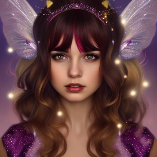 Pretty fairy with brown wavy hair wearing a sparkly glittery...