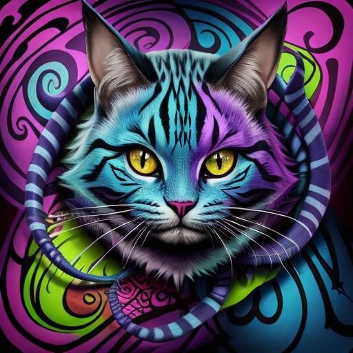 cheshire cat, tattoo, vibrant, vivid, intricate detail