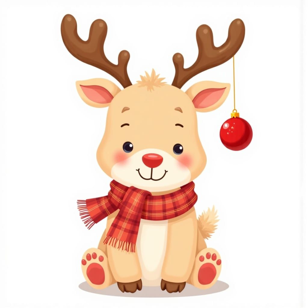 <lora:Christmas Cheer:1.0>a cute cartoon reindeer sitting upright with a friendly expression. The reindeer has large antlers, from which a r...
