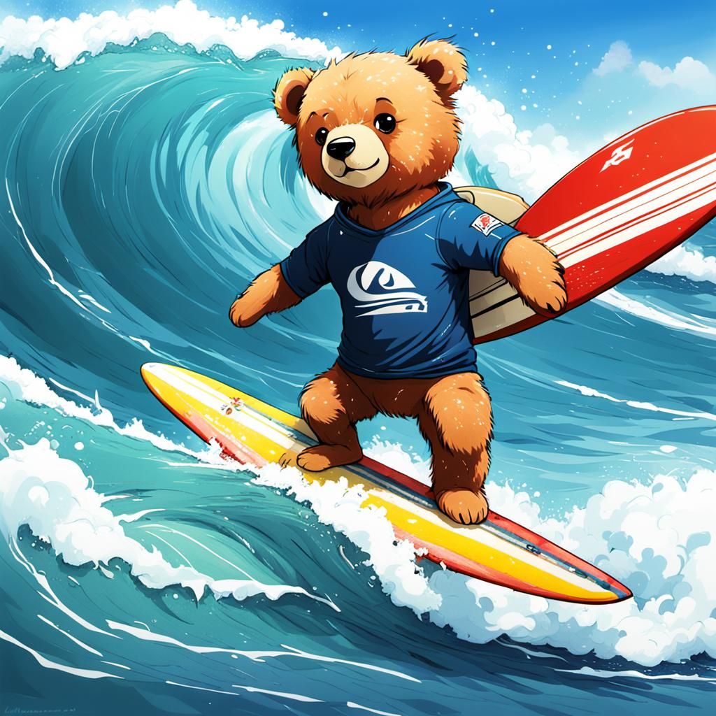 A surfing teddy bear