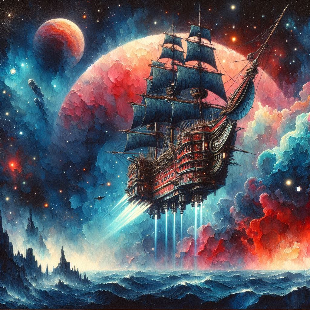 Pirate Space Ship over a planetary ocean   by @Marshas Creative AI Designs