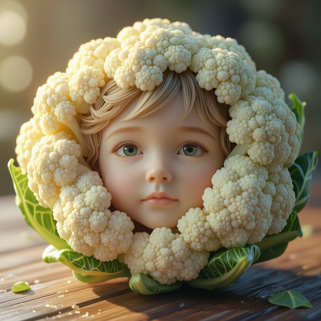 Child's Face Carved from Cauliflower, Macro Photography Styl...