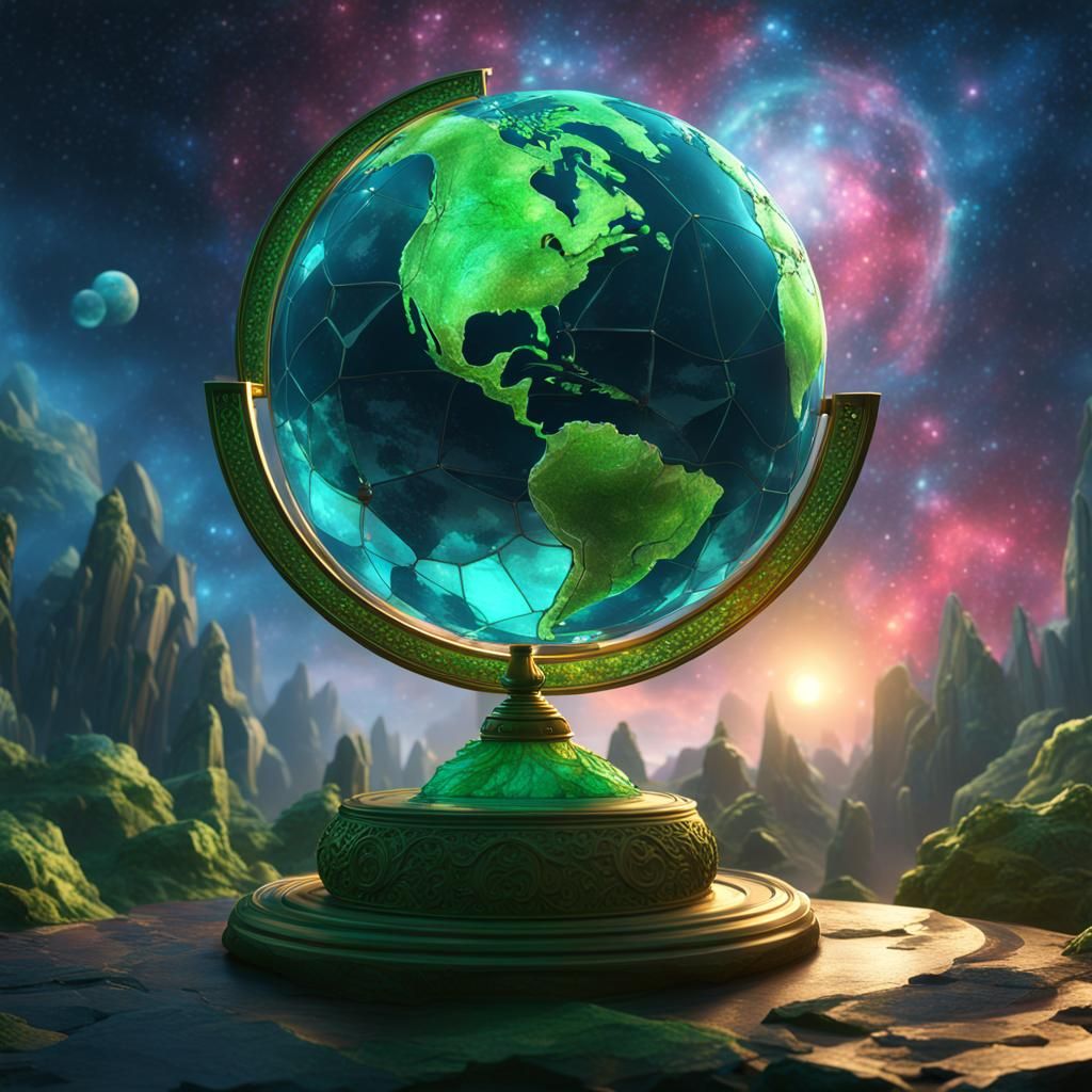 Green-blue Earth in front of a stained glass lighted dimensi...