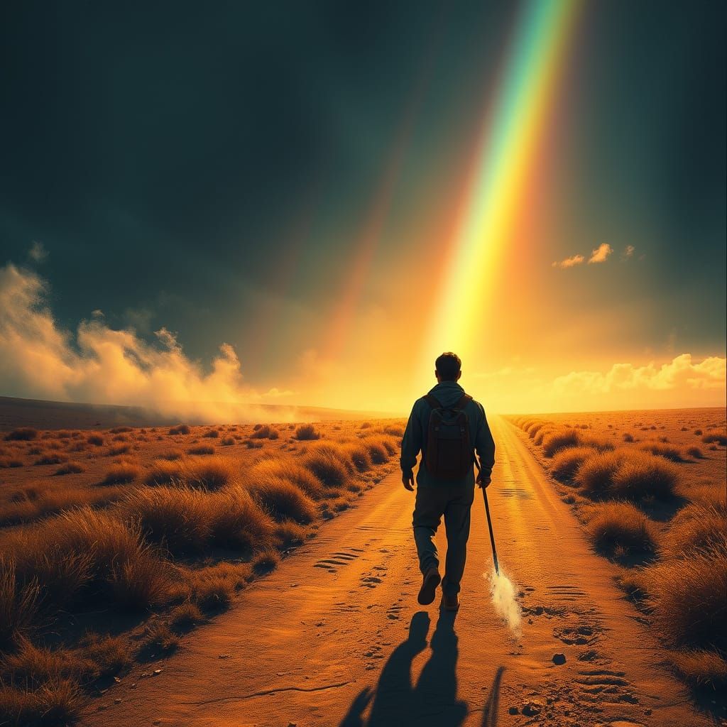 Weary Traveler Sees Distant Rainbow in Golden Hour