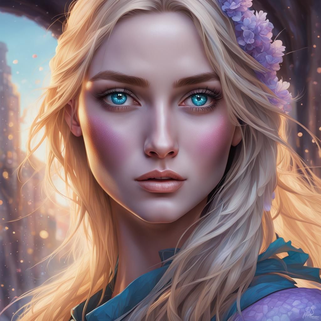 Pretty Young Woman Lilac Blue eyes blonde