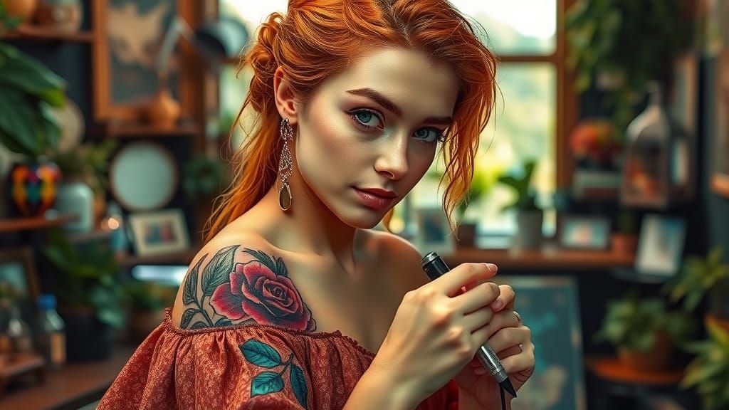 An extraordinarily beautiful female tattoo artist in a charming, 1970s-inspired bohemian studio, immersed in her craft. Her cascading, fiery...
