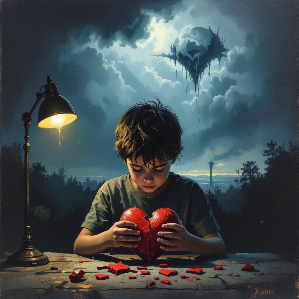 Boy Mends Broken Heart Amidst Stormy Sky