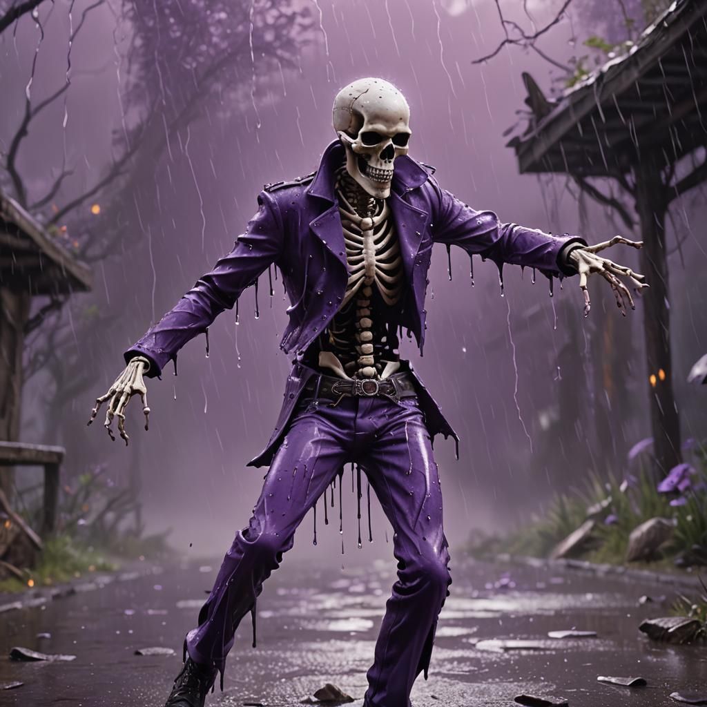 A skeletal man dancing through purple rain. The raindrops are shaped like skulls.