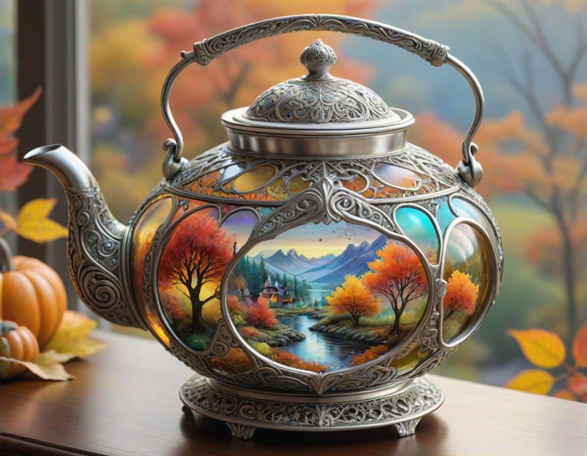 Fantasy Teapot with Fall Landscape, Iridescent Stained Glass...