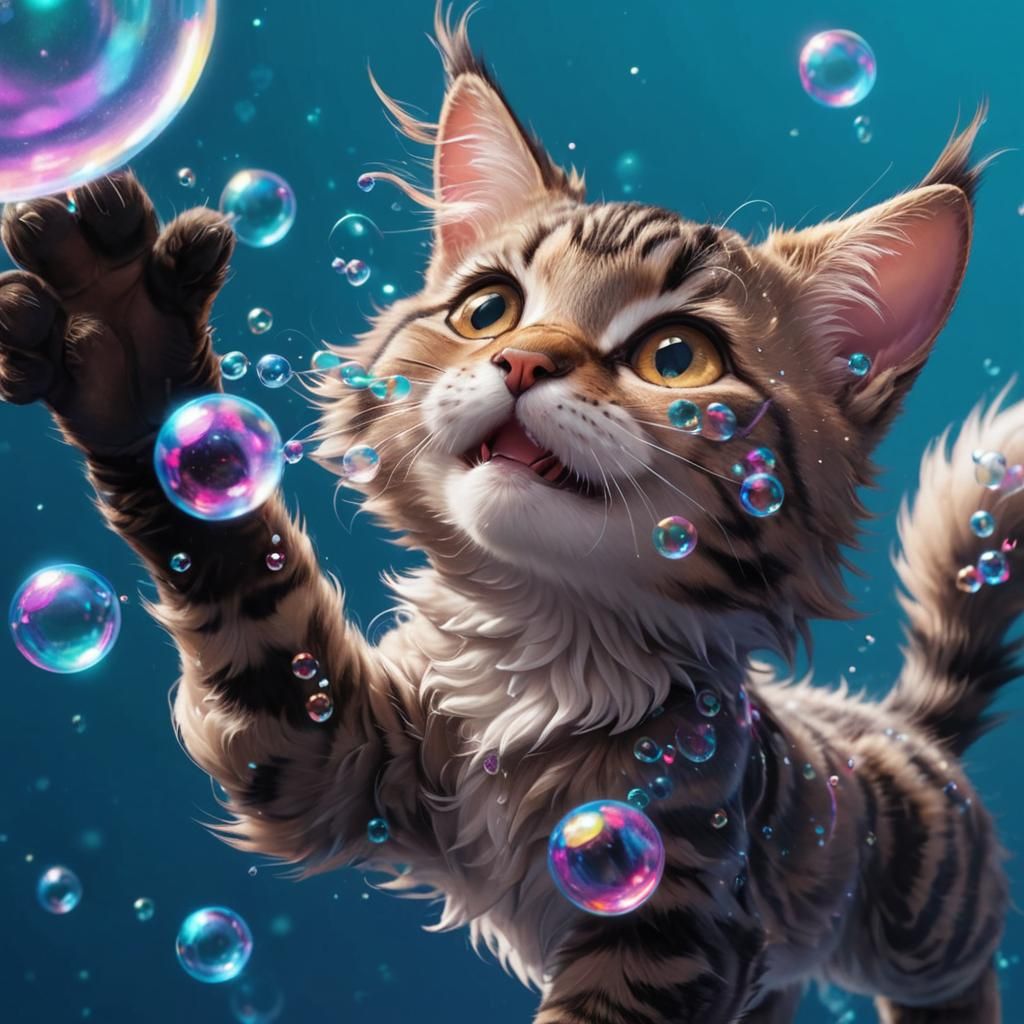 An adorable photorealistic chibi cat playing with bubbles