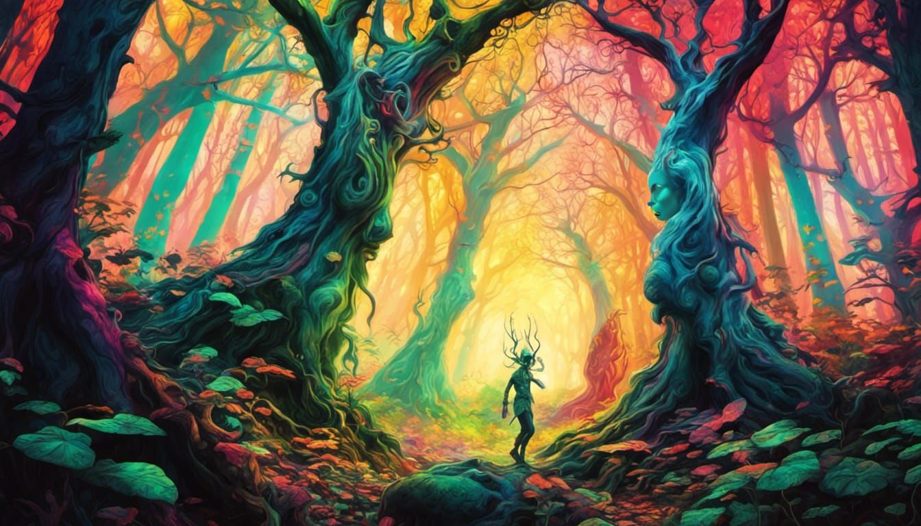 wood elves having psychedelic daydreams in a dark psychedeli...