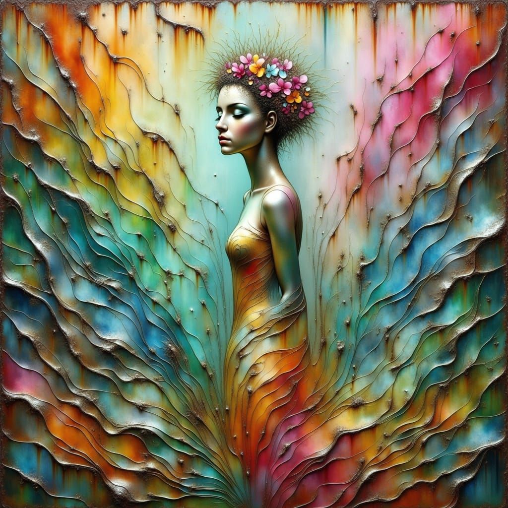 In a visionary blend of Metallic Egg-Tempera and jagged tissue collage transitions, a mystical freckled bride emerges within an abstract rai...