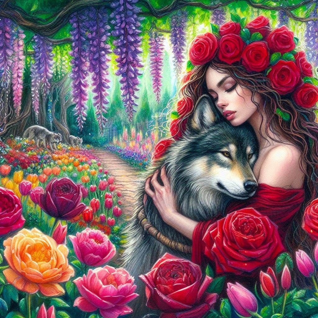 Beautiful Woman and Her Wolf Spirit