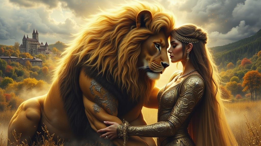 Warrior Woman's Tender Embrace with Majestic Lion