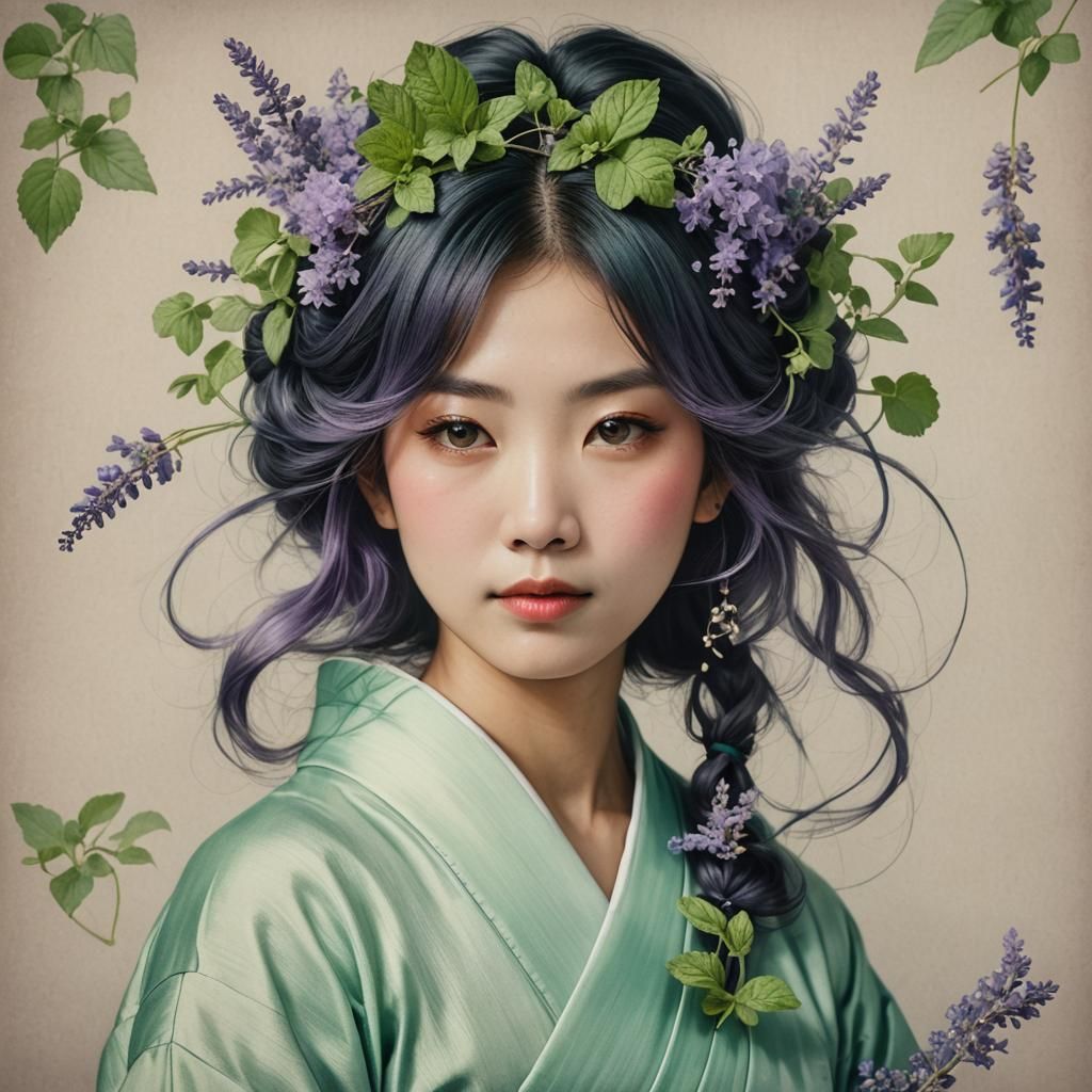 a beautiful portrait of a Japanese woman with Mint and Laven...