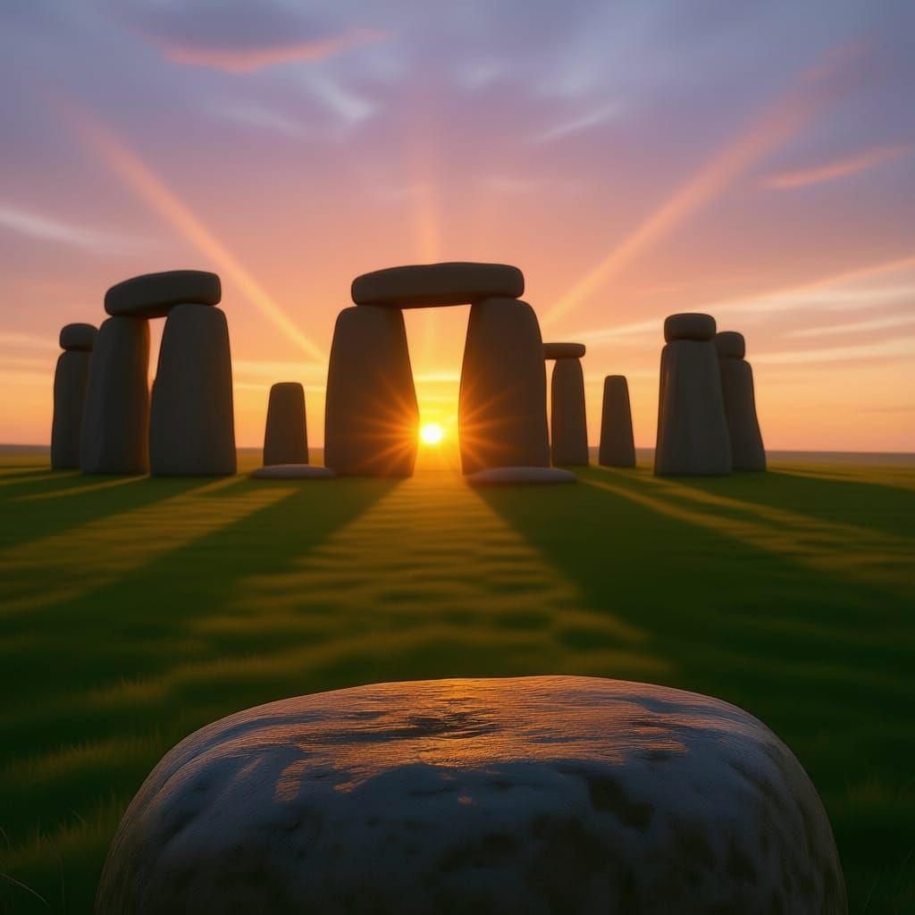 Close up of Stonehenge at dawn, vivid rays of light hit the stones in all directions. In the foreground A gleaming white robot, it's face en...