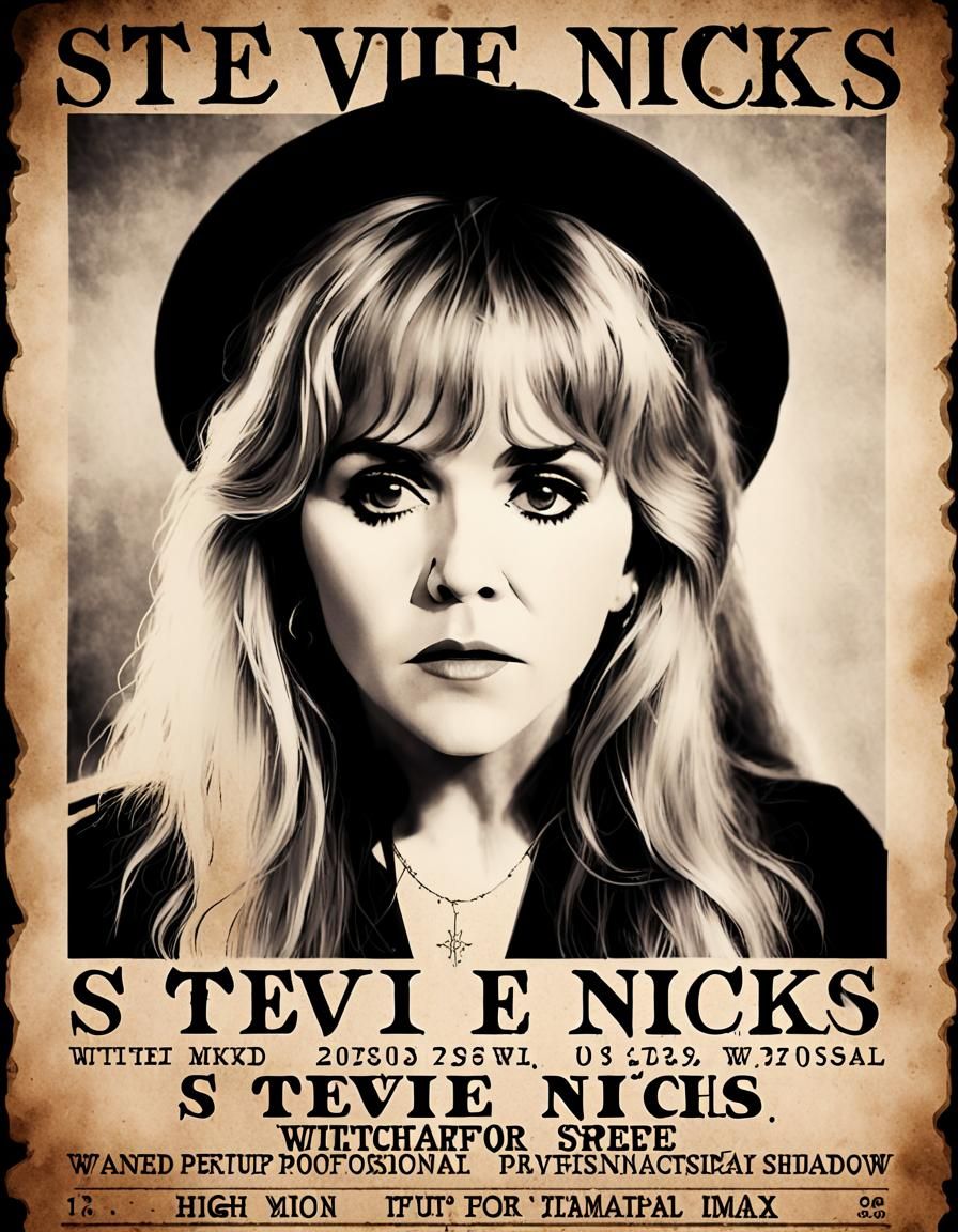 Wanted Poster of Stevie Nicks, words spelling out “Wanted for witchcraft”.  Emotion heavy. Cinema professional video to screen. IMAX. High co... - AI  Generated Artwork - NightCafe Creator