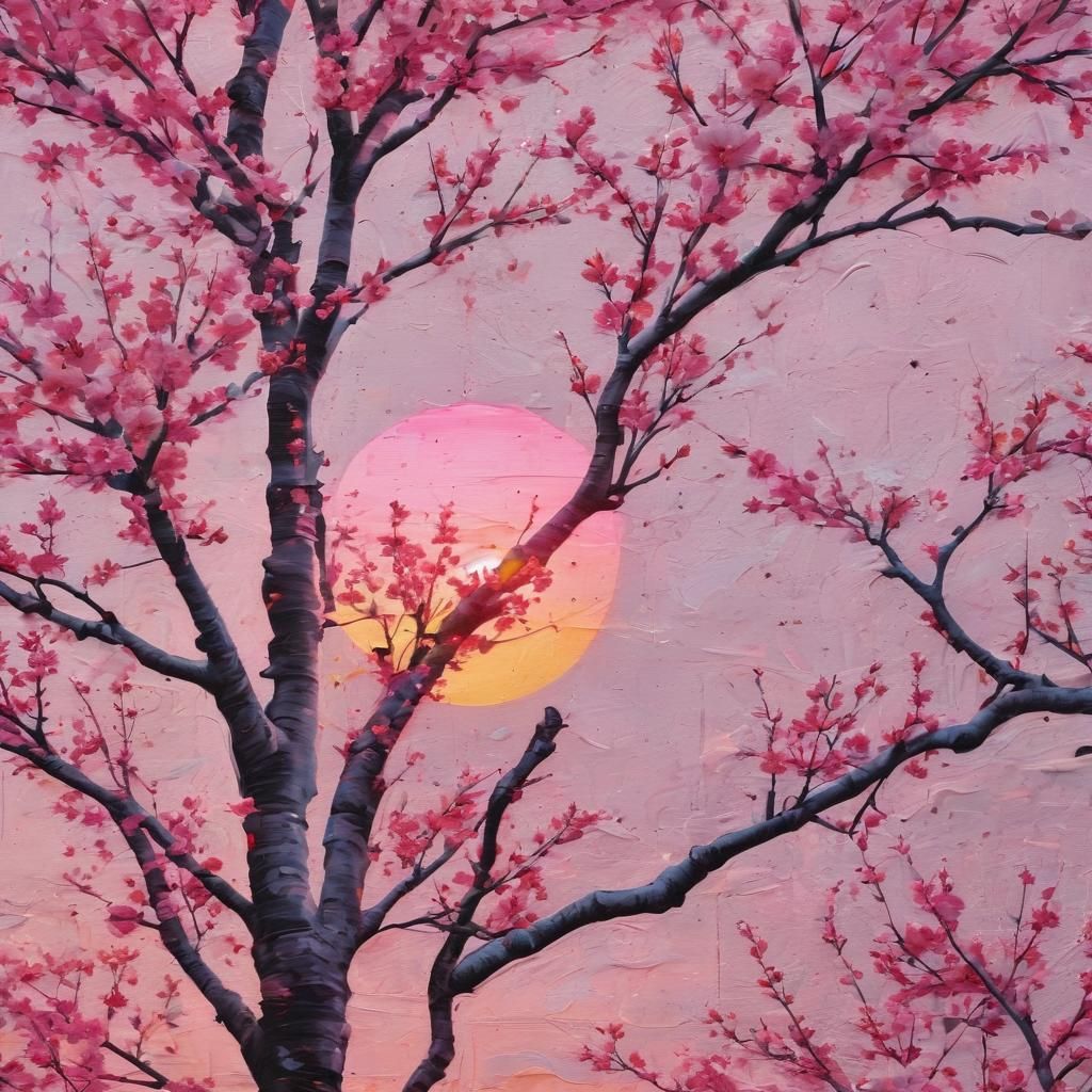 sunrise over a field of pink cherry blossoms  by @Tim Brown