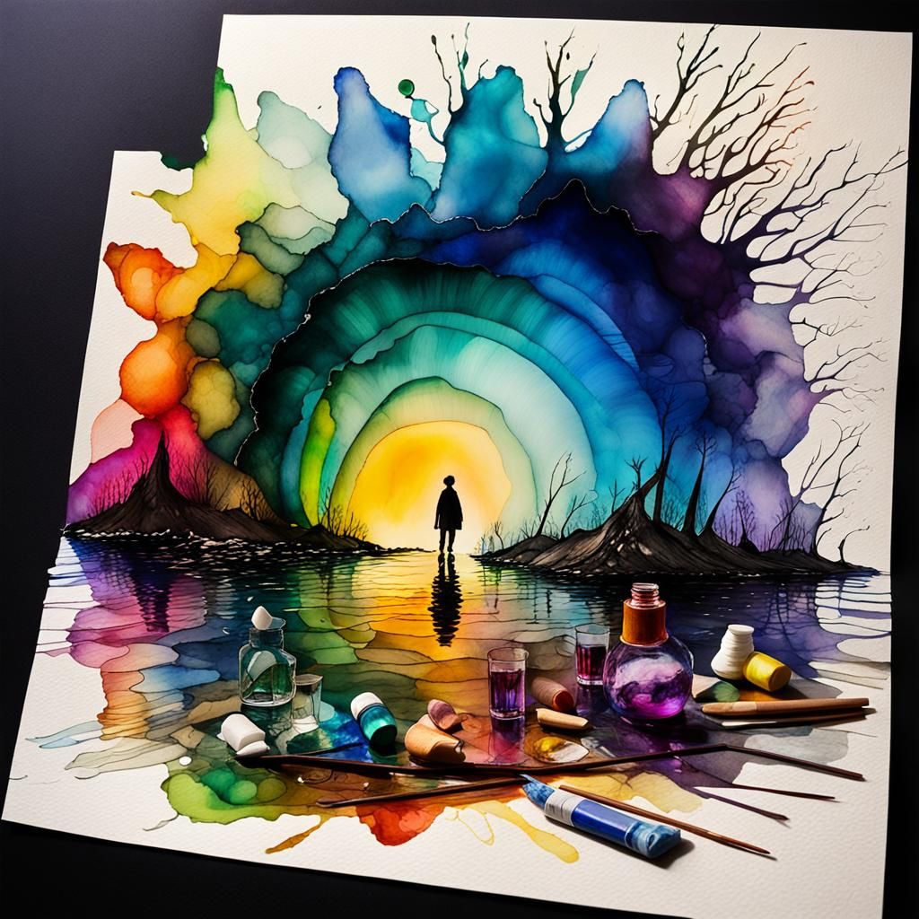 Dark water color, alcohol inks,   Grief , 
A surreal child's...