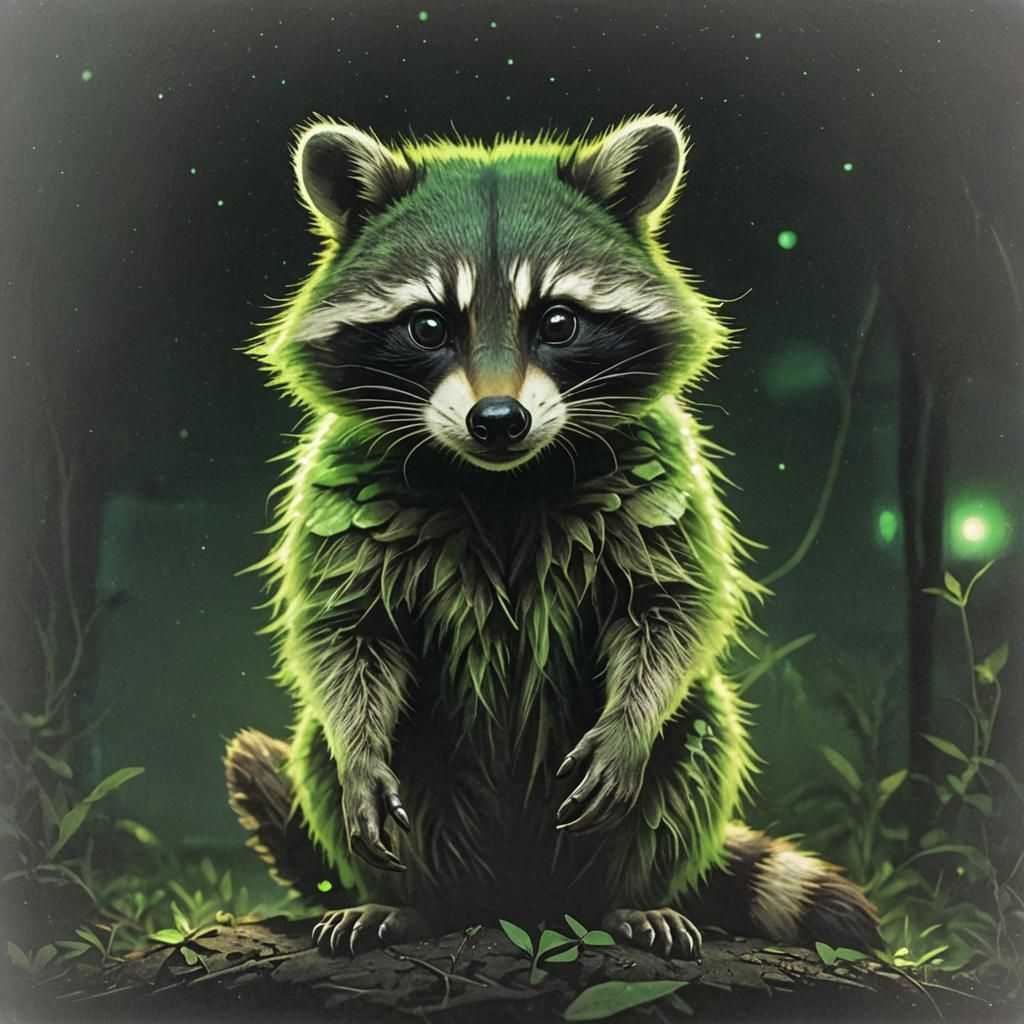 An alien racoon that is glowing green at night