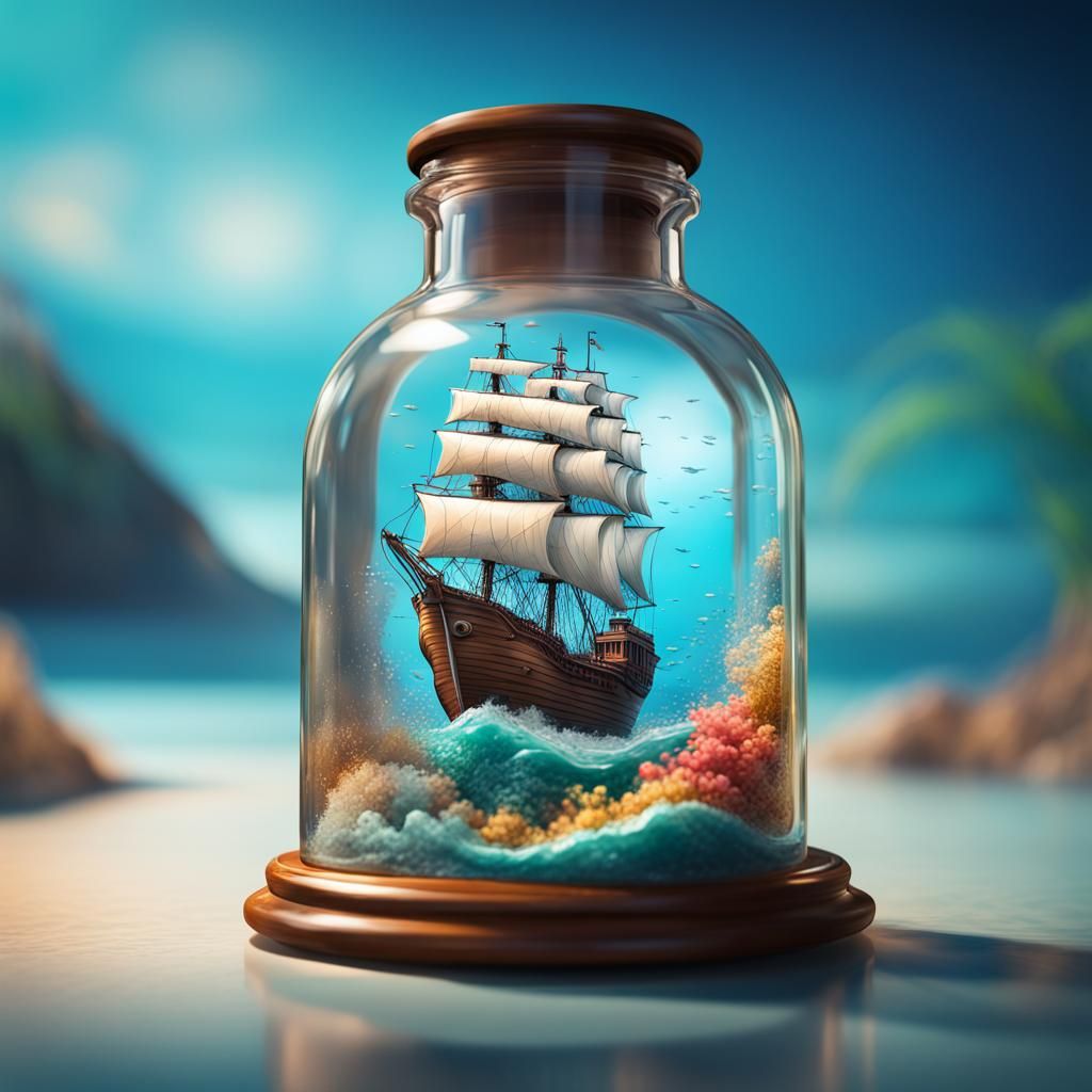 a ship in a bottle with a tiny ocean
