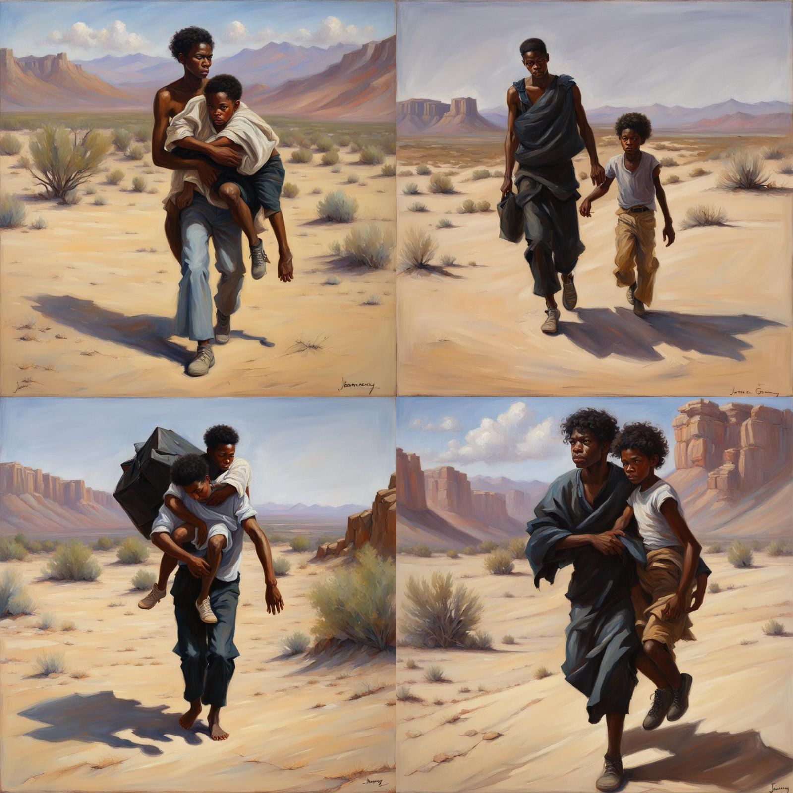 person carrying young black person away in a desert