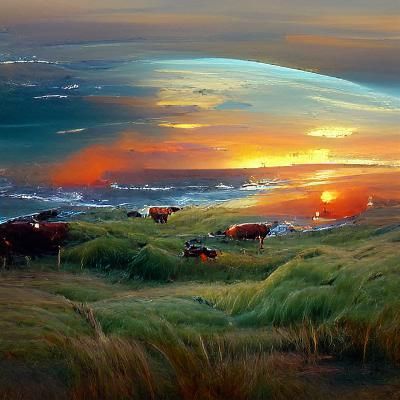 grassland ocean sunset