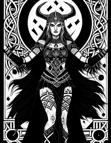 viking goddess hel, goddess of death, black and white, simpl...