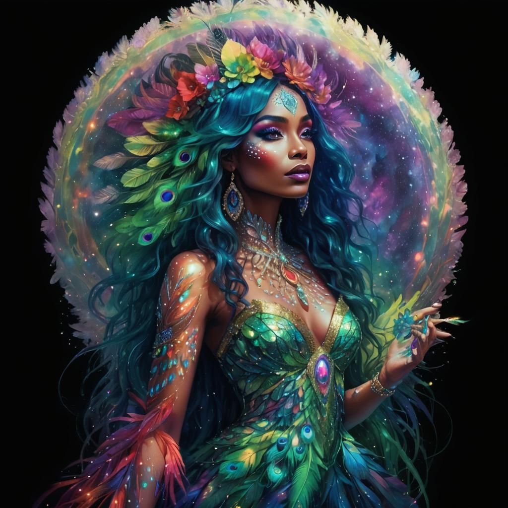 Beautiful woman with colourful rainbow skin, dark brown skin...