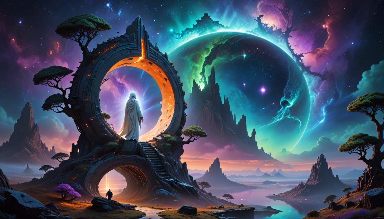 A hooded figure on a desolate, alien planet, gazing up at a colossal, spiraling stargate that dominates the sky. The stargate is adorned wit...