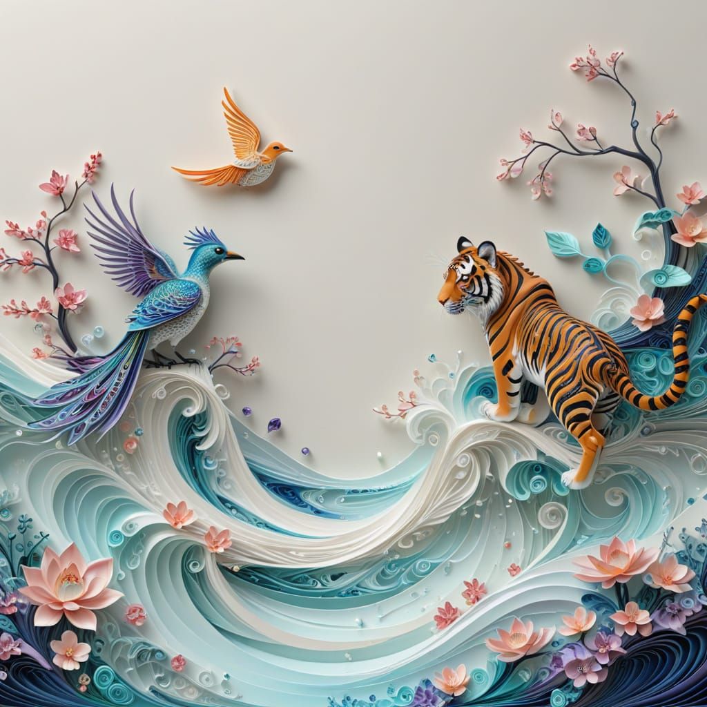 Traditional Japanese-Inspired Scroll Art with Whimsical Crea...