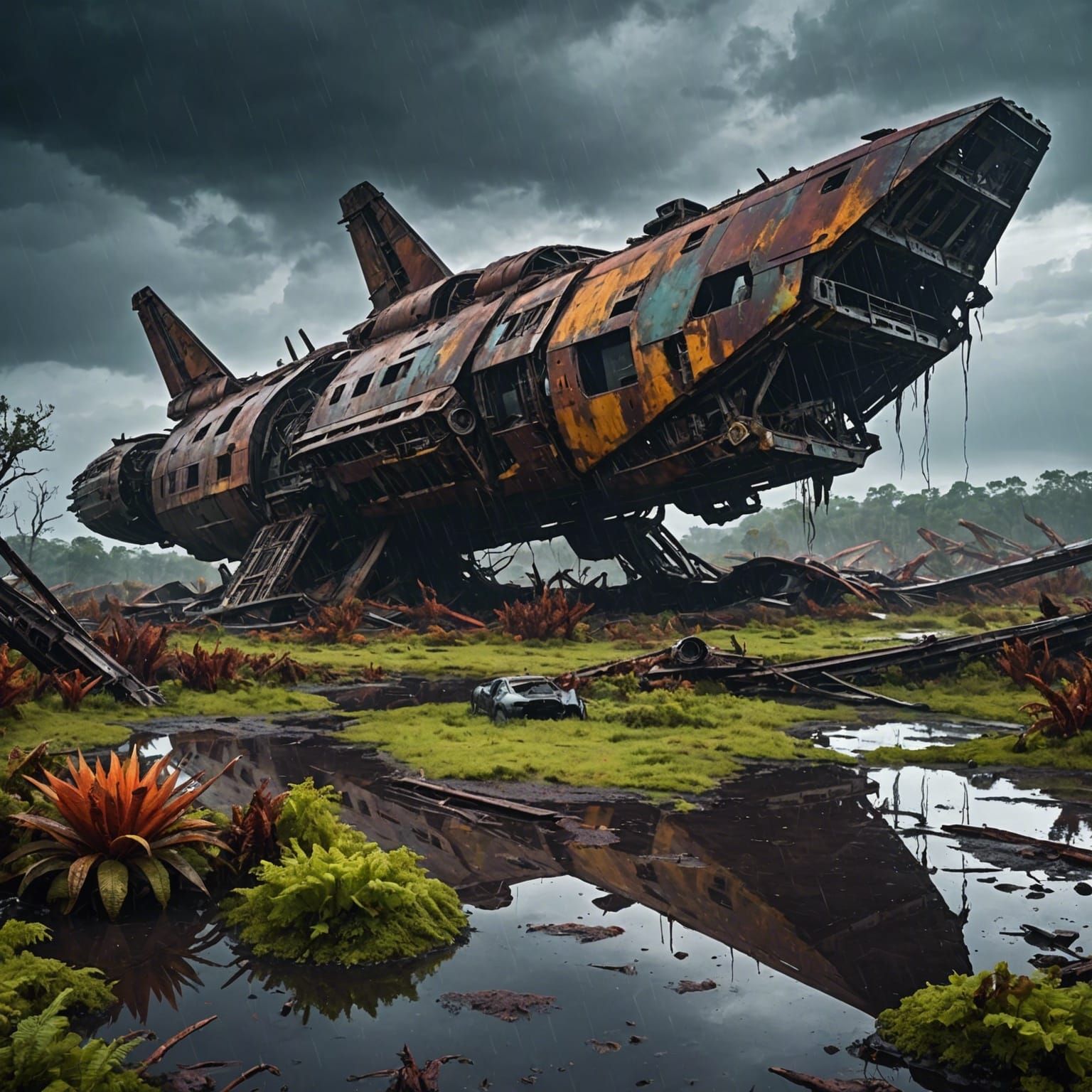 massive, heavily damaged, and rusted spaceship crashed on a ...