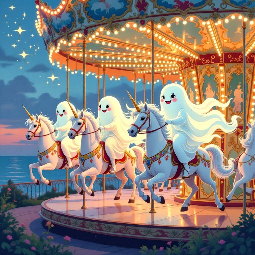 Friendly ghosts riding carousel with unicorns.
