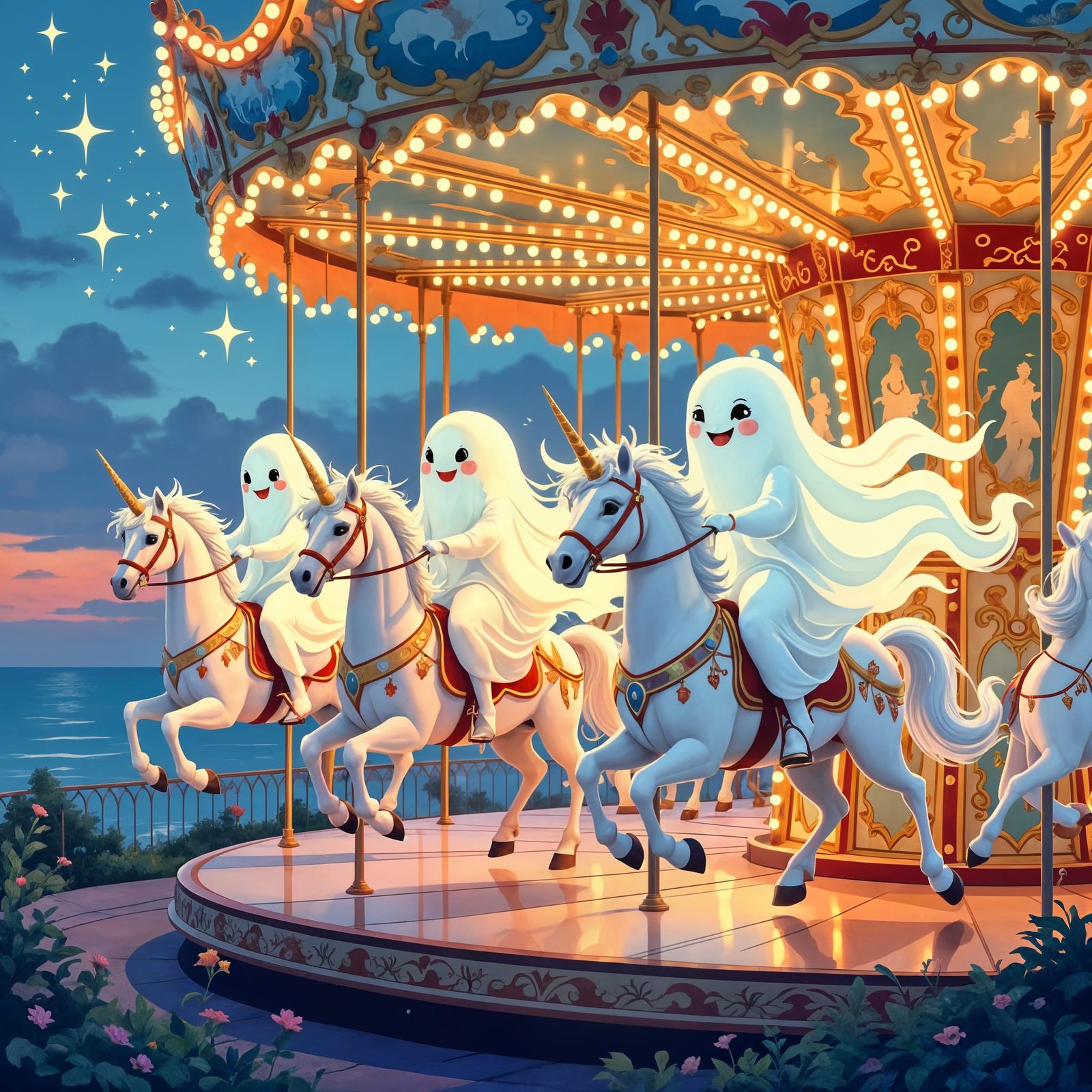 Friendly ghosts riding carousel with unicorns.  by @Max Strandberg