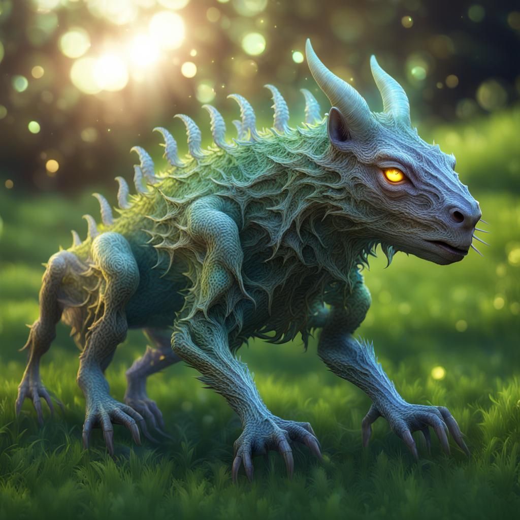 Chupacabra mythical animal domesticated, on grass lawn up cl...