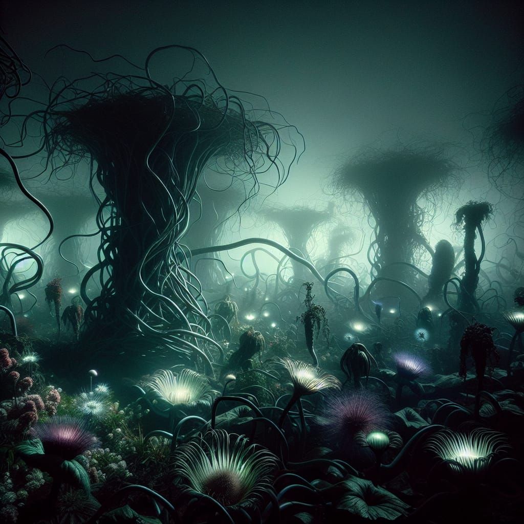 Eerie Fog Engulfs a Bizarre Garden Landscape