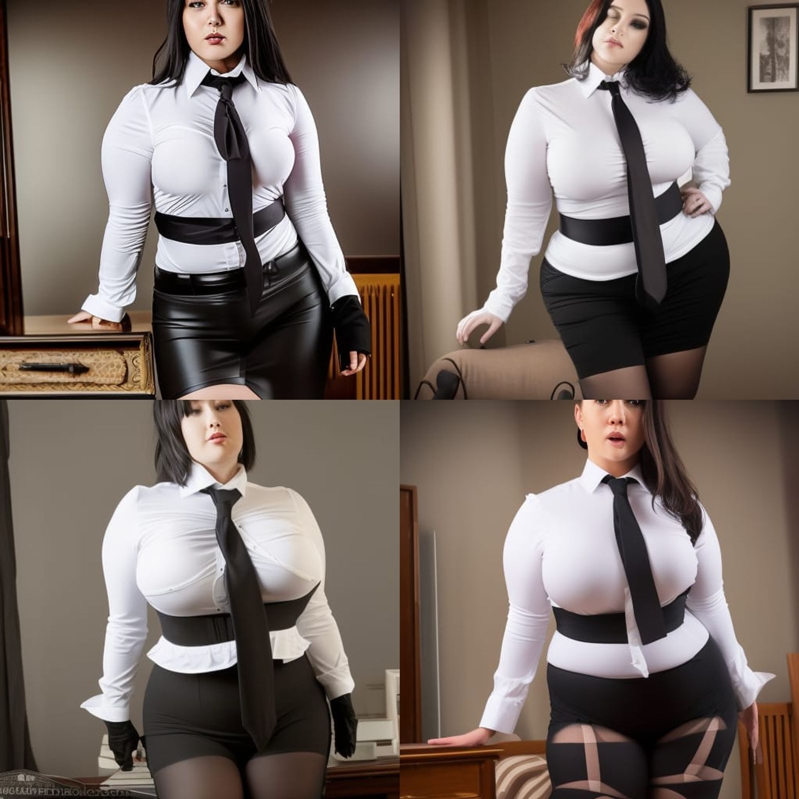 Curvy bbw mommy dom in tight white buttoned up shirt and long black necktie with short layered