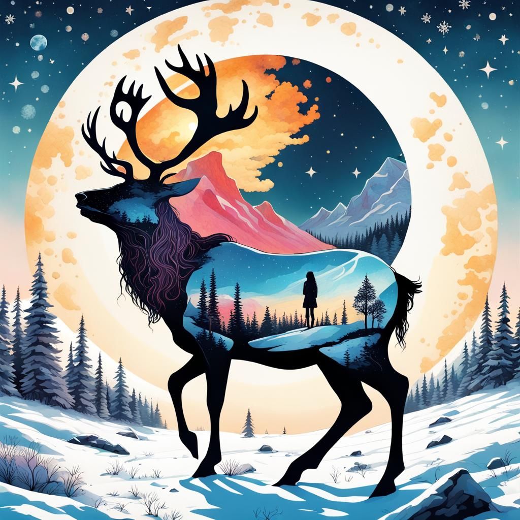Reindeer in double-exposure.