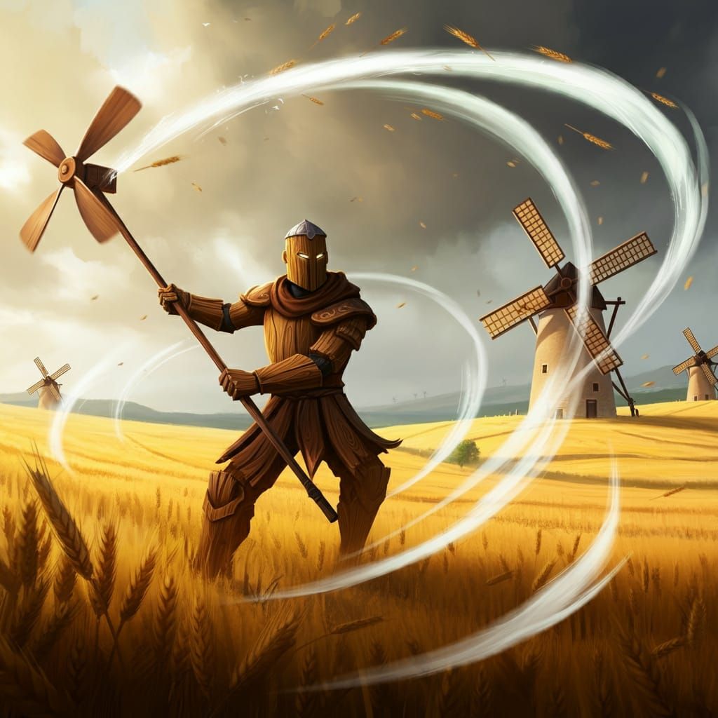 Wind bender warrior with propeller staff in windmill grain farm