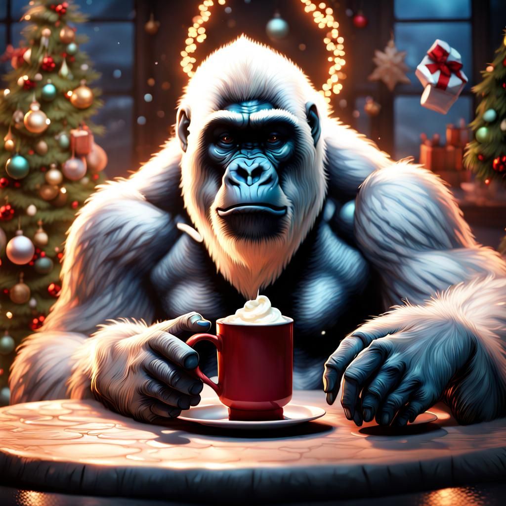 An albino gorilla with white hot chocolate celebrating Chris...