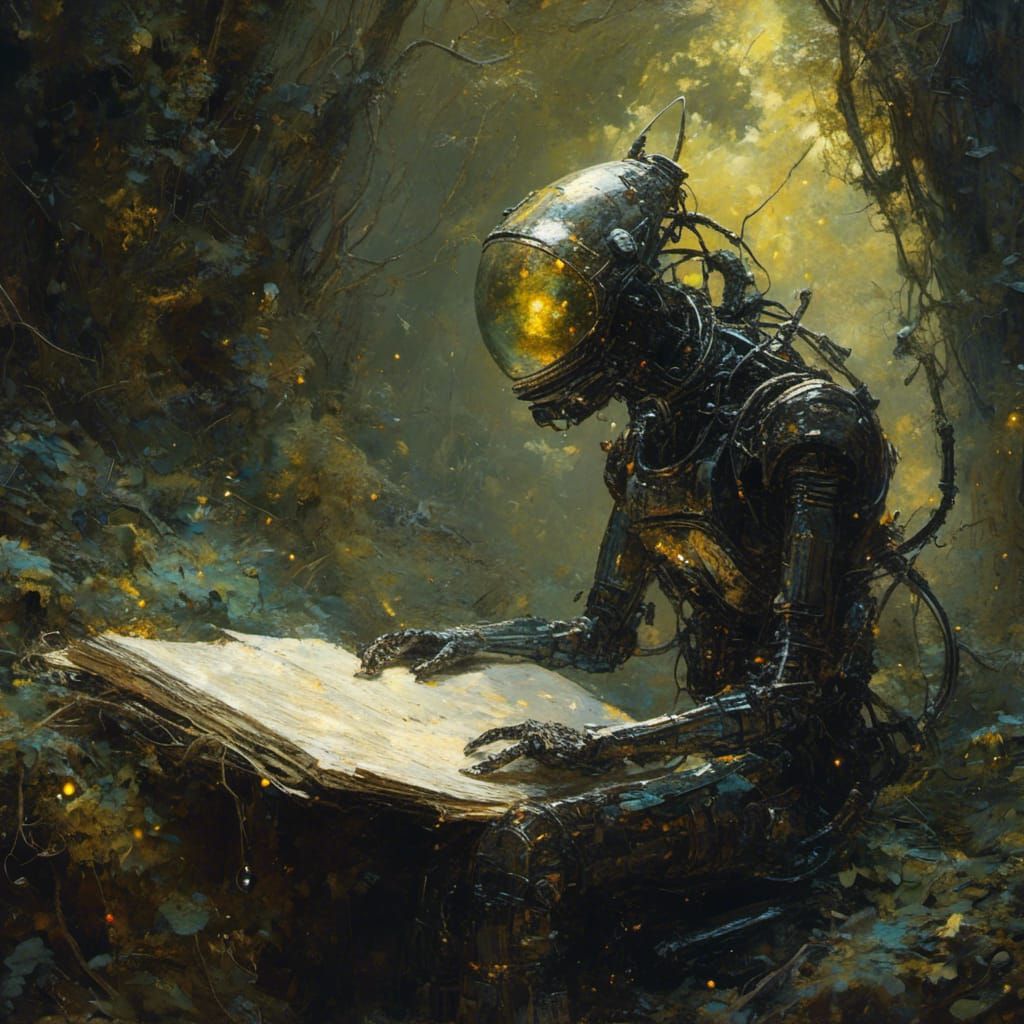 <lora:MJ6 Sci-Fi Aliens:1.0> Stellar Scribe: A cosmic alien chronicler tasked with recording the history of the universe, etching constella...