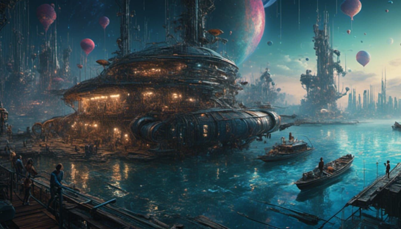 <lora:Murraypunk v2:1.0> On a water planet, a high tech factory floats