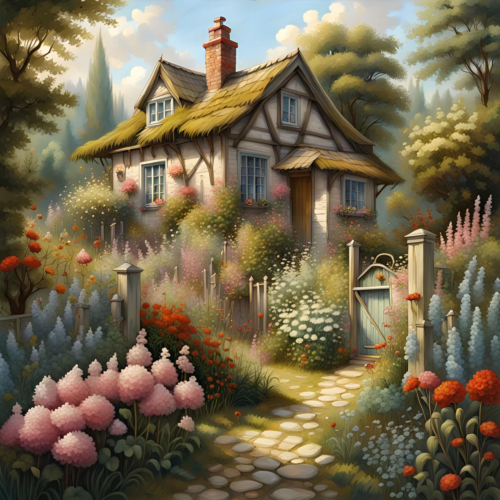 a small cottage with a flower garden: - painterly quality, lush and ...