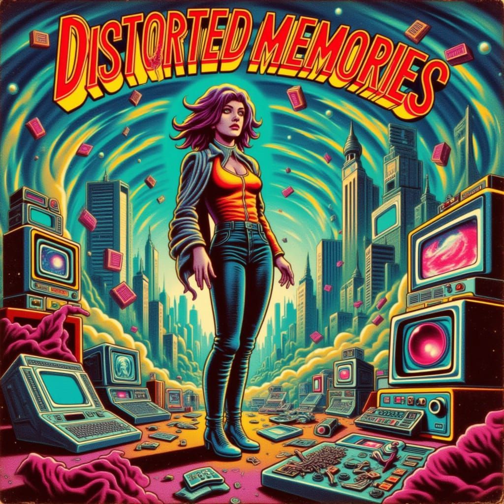 <lora:Distorted Memories:1.0>
Comic book cover with title: "Distorted Memories" in the middle. Vintage 1970s style sci-fi comic illustration