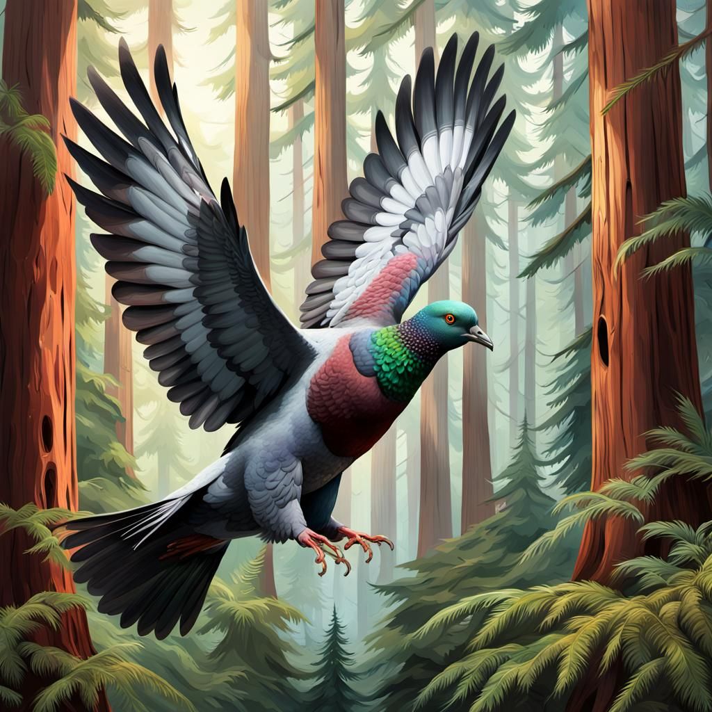 Flying pigeon in redwood  forest