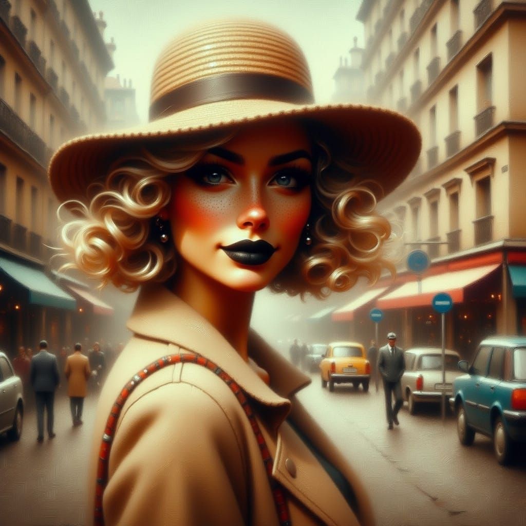 <lora:Gritt:1.0> windy vintage portrait, sun hat, Paris streets