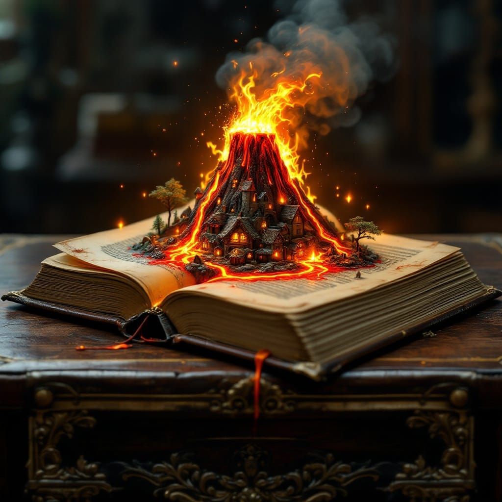 Miniature Volcano Erupts From Book, Hyperrealistic Style