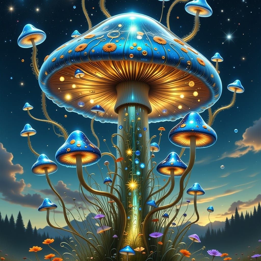 <lora:MILLENNIUM MUSHROOM:1.0>
VIVID fine art mytical realm of blue-sky view of a huge fantastical glowing transparent glass mushroom, whims...