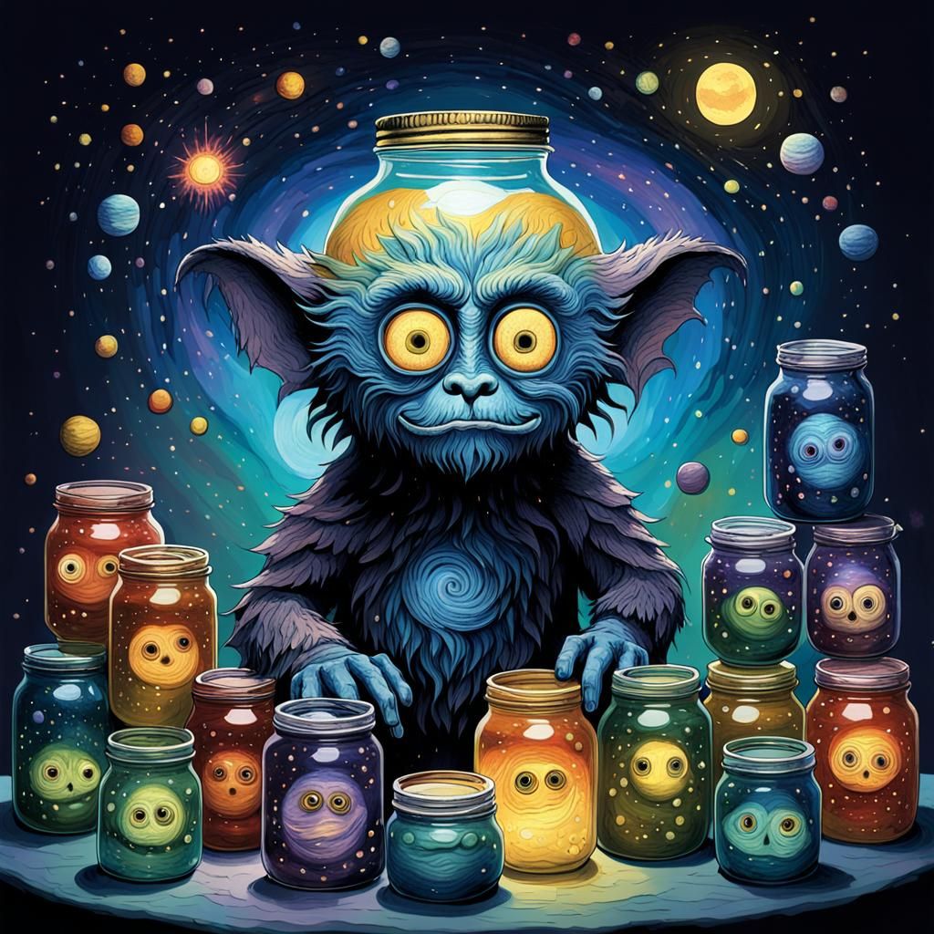 Gothic creature with cartoonish eyes, holding jars filled wi...