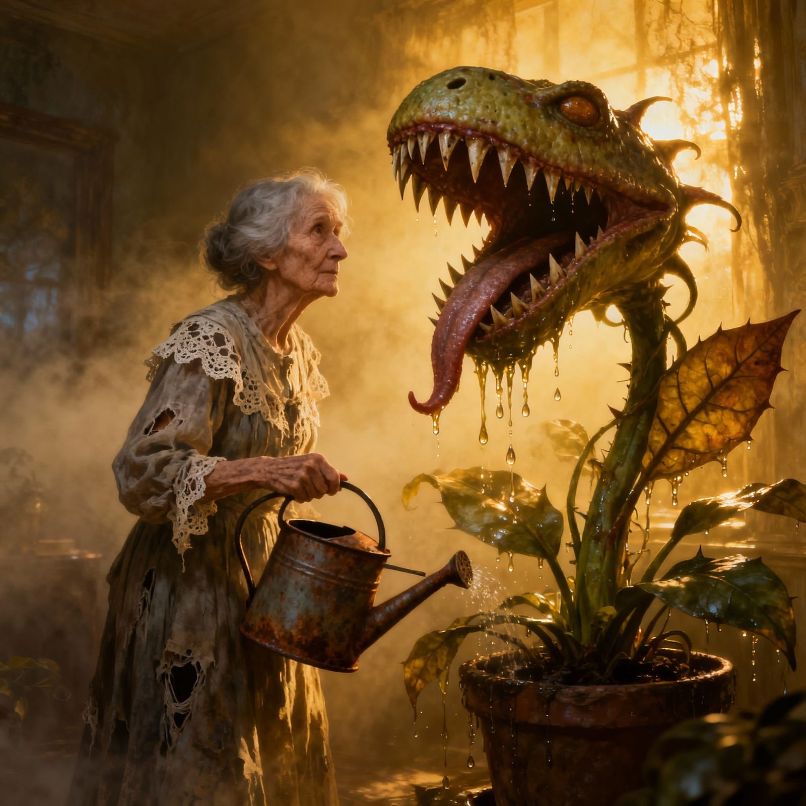 an old woman watering her giant carnivorous house plant   by @Chippa